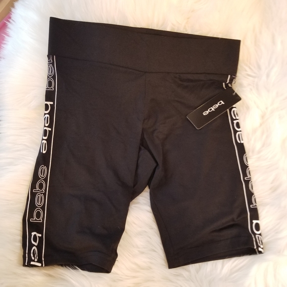 Bebe Sport Women's White Contrast Stripe Logo Shorts Biker Black Short New - Picture 4 of 6